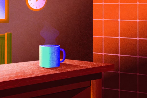 Coffee mug on a dark counter with a single mint LED glow, AI agents idea of the day