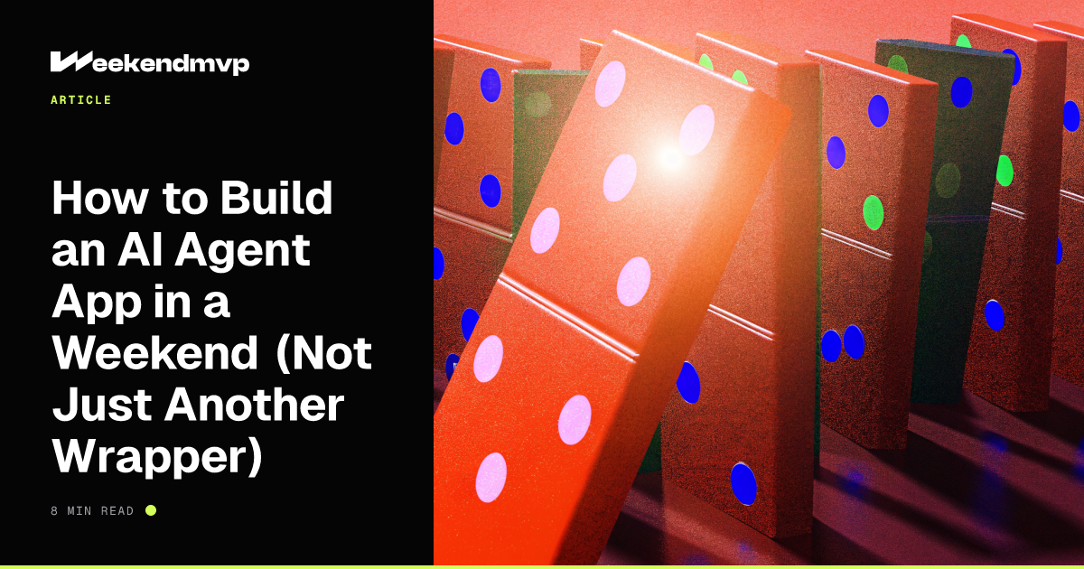 A row of dominoes on a near-black desk, the first one tilting to start the chain, caught by a single lime beam